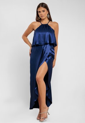 SATIN VISCOSE FRONT WRAP MIDI - Galajurk - navy