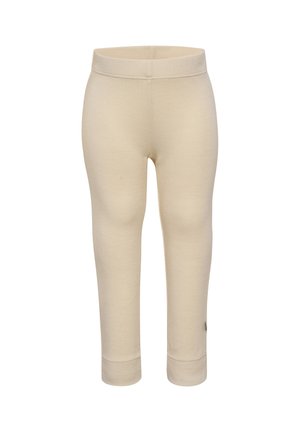 Kremfarvede, lange, tætsiddende leggings med elastisk talje og manchetter ved anklerne, vist stående oprejst på hvid baggrund.