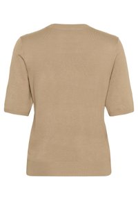 Beige pletený svetr s krátkým rukávem a kulatým výstřihem, hladkou texturou a rovnými liniemi. Bez výrazných vzorů či ozdob.