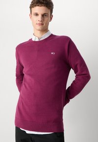 Ung mann iført en lilla genser med rund hals over en hvit skjorte, står mot en enkel lys bakgrunn med hendene bak ryggen.