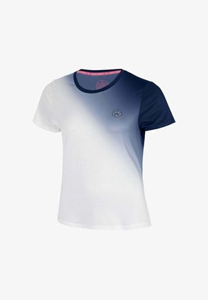 Maglietta sportiva a maniche corte con sfumatura dal bianco al blu navy e piccolo logo circolare sul petto a sinistra.