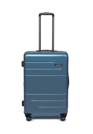 Valise rigide bleue avec quatre roues et poignée télescopique, marquée "Lancaster" sur la face avant.