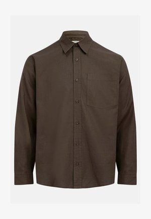 Brown long-sleeve button-up shirt in a solid, smooth fabric. Features a pointed collar and a single chest pocket.