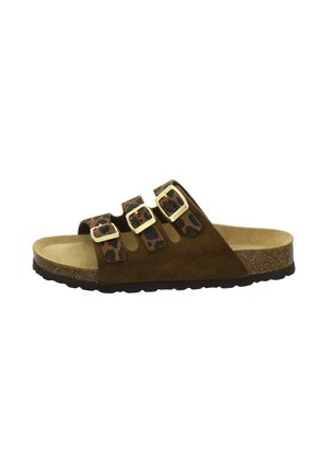 Brown suede slide sandal with three leopard print straps and gold-tone buckles, cork footbed, and black textured sole.