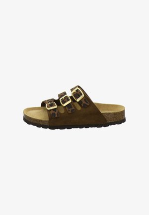 Brown suede slide sandal with three leopard print straps and gold-tone buckles, cork footbed, and black textured sole.
