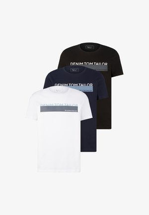 Trīs T-krekli: balts ar ziliem akcentiem, tumši zils un melns. Visiem ir uzraksts "DENIM TOM TAILOR" un tie ir izgatavoti no mīksta kokvilnas.