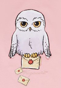 Chouette blanche avec des yeux jaunes tenant une lettre avec un sceau rouge ; deux lettres supplémentaires sur un fond rose ; texte "Poudlard" en bas.