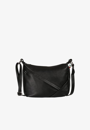 Black textured leather crossbody bag with adjustable strap and small flag charm hanging near the zipper on a plain white background.