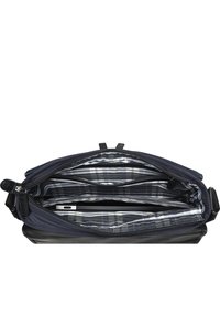Borsa per laptop blu navy e nera con esterno liscio, molteplici scomparti e fodera a quadri. Presenta doppi cursori e manici in tessuto.