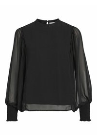 Blusa nera con maniche lunghe trasparenti, scollatura alta e polsini arricciati. Chiusura a occhiello sulla schiena che aggiunge un dettaglio di design sobrio.