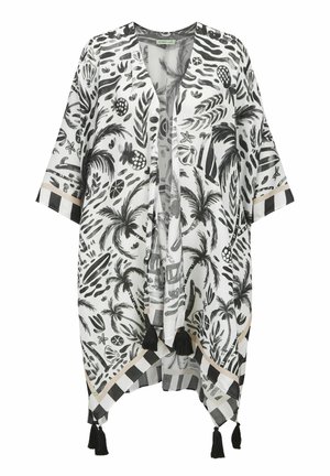 Wit en zwart tropisch bedrukt kimono met wijde mouwen, gestreepte rand en zwarte kwastjes aan de open voorkant en zoom.
