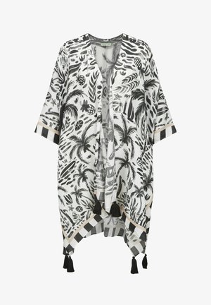 Wit en zwart tropisch bedrukt kimono met wijde mouwen, gestreepte rand en zwarte kwastjes aan de open voorkant en zoom.