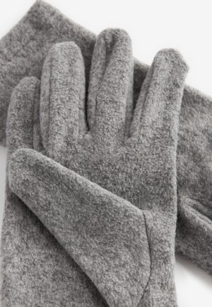 Gray fleece gloves with a soft texture, featuring a three-dimensional shape and five finger design. Simple, unadorned construction.