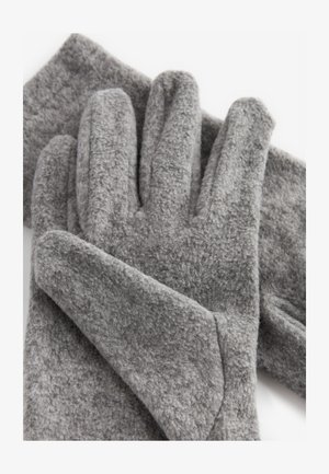 Sive rukavice od flisa s mekanom teksturom, u obliku u tri dimenzije i s pet prstiju. Jednostavna, neukrašena konstrukcija.