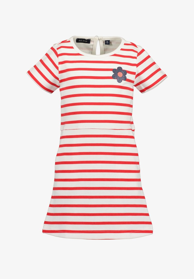 Robe à manches courtes rayée horizontale blanche et rouge avec une petite pièce fleurie foncée sur la poitrine gauche et une fermeture à boutons dans le dos.
