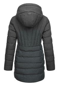 Puffer jacket in dark gray fabric, featuring a hood, quilted design, and a fitted waist. The texture appears soft and warm.