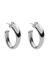 Pendientes de aro de plata con un acabado suave y brillante. Forma ligeramente redondeada, con un cierre seguro de poste y respaldo.