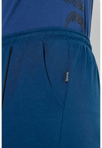 Blaue Sportshorts aus weichem Stoff mit elastischem Bund, Seitentaschen und kleinem Logostick vorne.