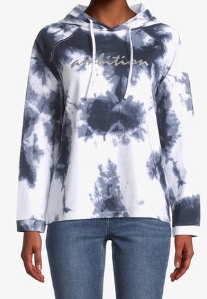 Hooded sweatshirt in white with navy tie-dye pattern, featuring long sleeves and the word "ambition" in silver lettering across the chest.