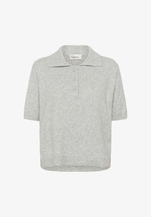 Svetlošedé krátkym rukávom pletené polo tričko s tromi gombíkmi vpredu a preloženým golierom, mäkká textúrovaná tkanina, rovný spodný okraj.