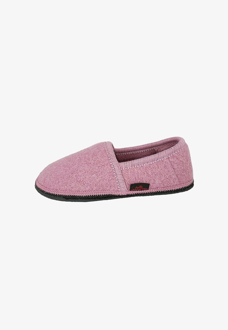 Soft pink slip-on slipper with black sole and small black fabric tag on side, designed for indoor use.