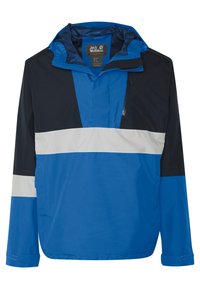 Giacca a vento blu e nera con una striscia orizzontale grigia, tasca con zip, cappuccio regolabile e una texture leggera e liscia.