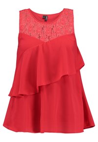 Haut sans manches rouge avec un panneau en dentelle au niveau de l'encolure, présentant un design à volants superposés. Confectionné dans un tissu léger et fluide.