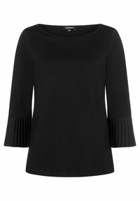 Top nero con scollo a barca e maniche a tre quarti caratterizzato da dettagli plissettati nei polsini. Tessuto morbido, design semplice, senza motivi.