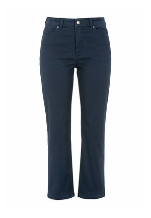 Donkerblauwe rechtvallende jeans met knoop- en ritssluiting aan de voorkant, riemlussen, en zakken aan de voorkant en achterkant.