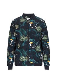 Bomberjack met een marineblauwe achtergrond en een tropische print van groene bladeren en toekans. Ribgebreide manchetten en kraag, vooraan met rits sluiting.