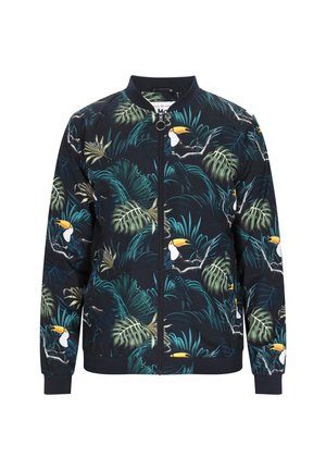 Bomberjakke med en marineblå baggrund prydet med et tropisk print af grønne blade og tukaner. Ribbet manchetter og krave, lynlåslukning foran.