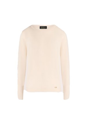 Cream sweater with a round neckline, knitted texture, and ribbed cuffs. Features a small gold logo on the lower hem. Casual fit.