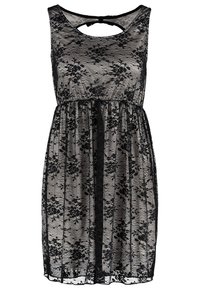 Musta pitsimekko kukkakuviolla, olkaimettomalla muotoilulla, levenevällä helman muodolla ja avaus takana. Kevyt, puoliksi läpinäkyvä materiaali.