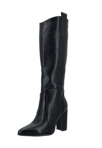 Bota de piel negra hasta la rodilla con punta afilada y tacón cuadrado. Textura suave, detalle en la costura lateral y tirador funcional en la parte superior.