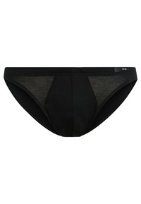 Musta bikinityylinen alusvaate, joka on valmistettu sileästä kankaasta, sisältää saumattoman muotoilun ja hienovaraisen logon vyötäröllä.