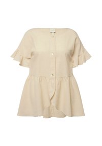 Blusa in lino beige chiaro con scollo tondo, maniche corte con volant, bottoni frontali e orlo svasato. Tessuto liscio e strutturato.