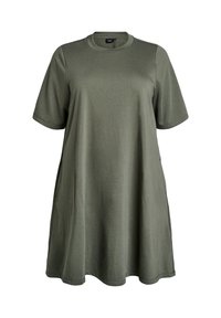 Olivgrön t-shirtklänning, tillverkad av mjukt tyg, med korta ärmar, rund hals, sidfickor och en avslappnad silhuett.