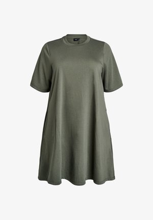 Olive roheline t-särk kleit, valmistatud pehmest kangast, lühikeste varrukatega, ümmarguse kaelusega, küljetaskutega ja lõtva siluetiga.