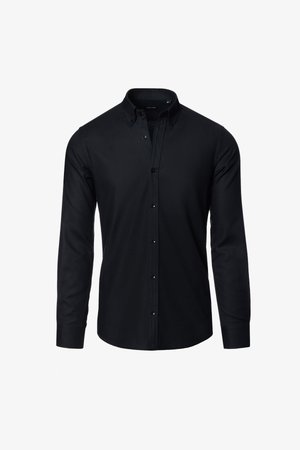 Czarna koszula z długim rękawem, zapinana na guziki, z klasycznym kołnierzykiem, o gładkim wzorze, z przodem zapinanym na guziki i dopasowanym kroju.