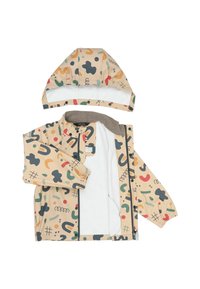 Beige Regenjacke mit abstrakten, mehrfarbigen Mustern, Reißverschluss und passender Kapuze. Mit elastischen Bündchen und weichem Innenfutter ausgestattet.
