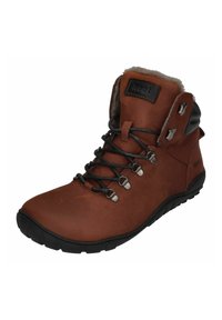 Brauner Wanderschuh aus Leder mit schwarzen Schnürsenkeln, Gummisohle und weichem Futter. Verfügt über Metallösen und ein Logo-Patch auf der Zunge.