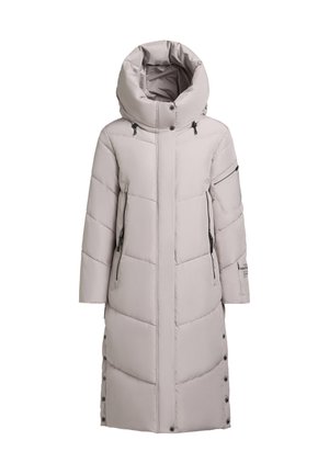 Langer, hellgrauer, gepolsterter Wintermantel mit großer Kapuze, Reißverschlussfronttaschen, Armtasche und Druckknöpfen an den Seiten und vorne.
