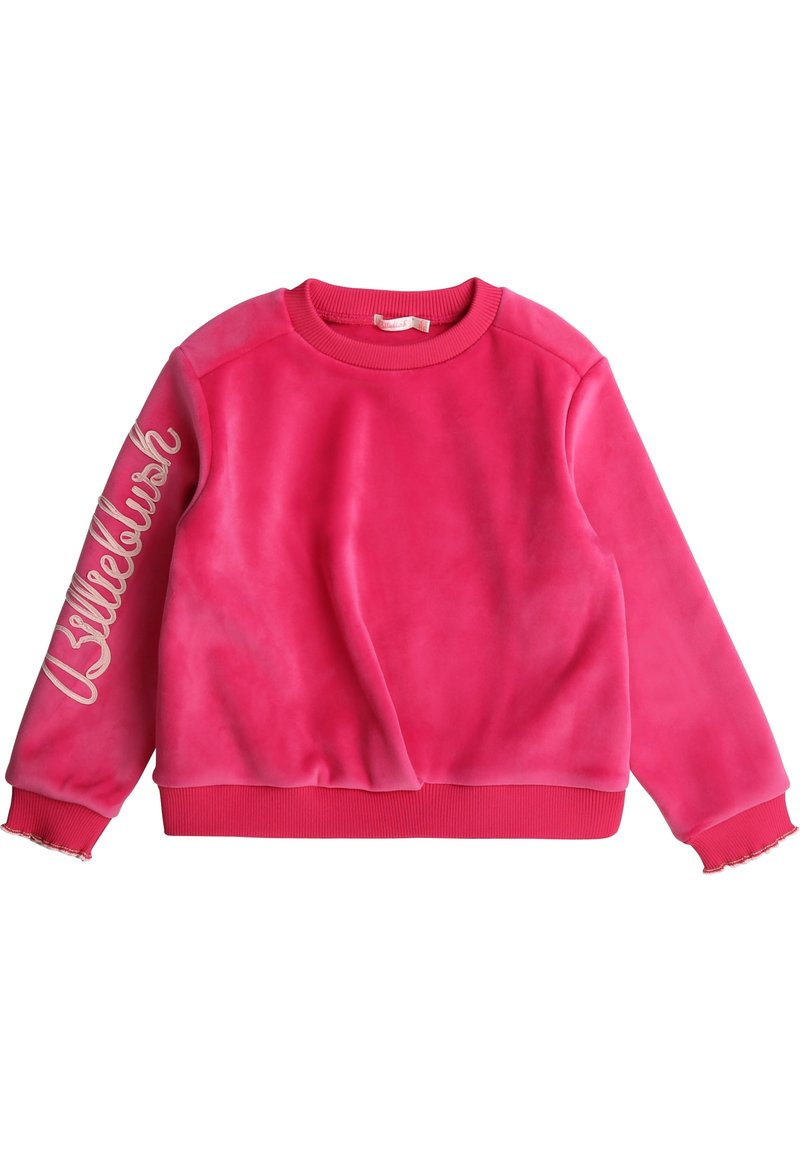 Roze sweatshirt van zacht materiaal, met geribbelde manchetten en zoom, met "Billeblush" geborduurd in een spiraallettertype op de linkermouw.