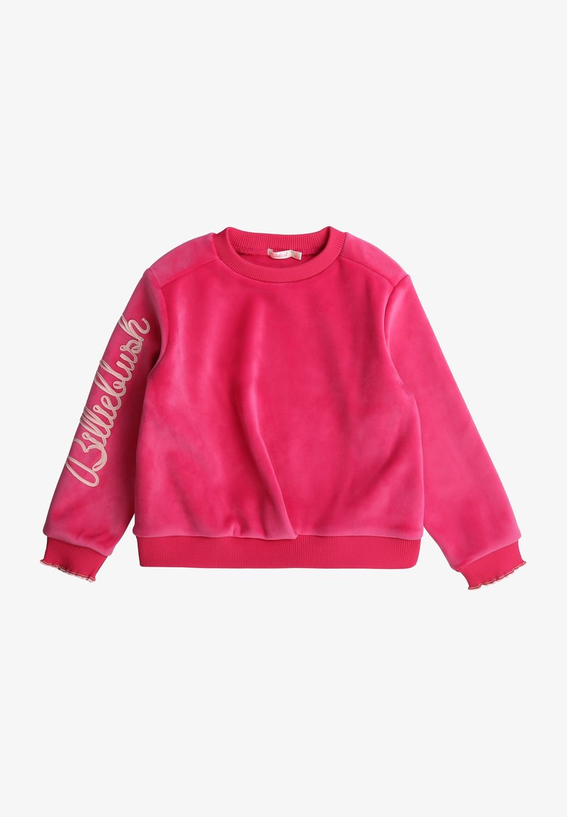 Roze sweatshirt van zacht materiaal, met geribbelde manchetten en zoom, met "Billeblush" geborduurd in een spiraallettertype op de linkermouw.