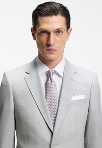 Άνδρας με μαλλιά χτενισμένα προς τα πίσω, φοράει ανοιχτό γκρι κοστούμι, λευκό πουκάμισο, γραβατα με σχέδια και λευκή μαντηλάκι στο πέτο, πάνω σε απλό φόντο.