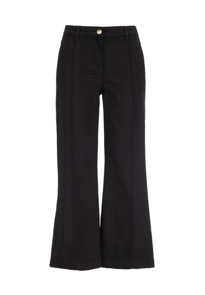Black wide-leg pants made of cotton with a smooth texture, featuring a gold-tone button closure and stitched detailing on the front.