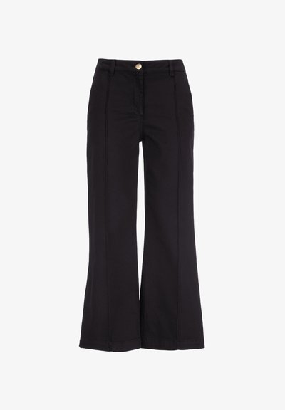 Black wide-leg pants made of cotton with a smooth texture, featuring a gold-tone button closure and stitched detailing on the front.