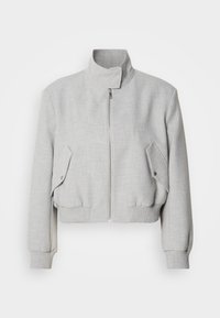 Lichtgrijze cropped jas met een hoge kraag, ritssluiting en geribbelde manchetten. Beschikt over twee schuine zijzakken met drukknoopsluitingen.