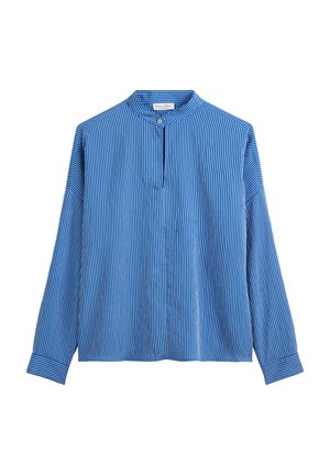 Blauw gestreepte langärmelige shirt met een ronde kraag, knoopdetail en een lichtgewicht stof met verticale lijnen.