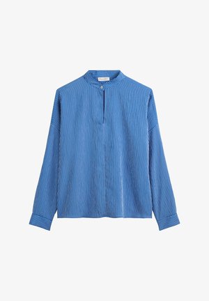 Blue striped long-sleeve shirt featuring a rounded collar, button detail, and lightweight fabric with vertical lines.